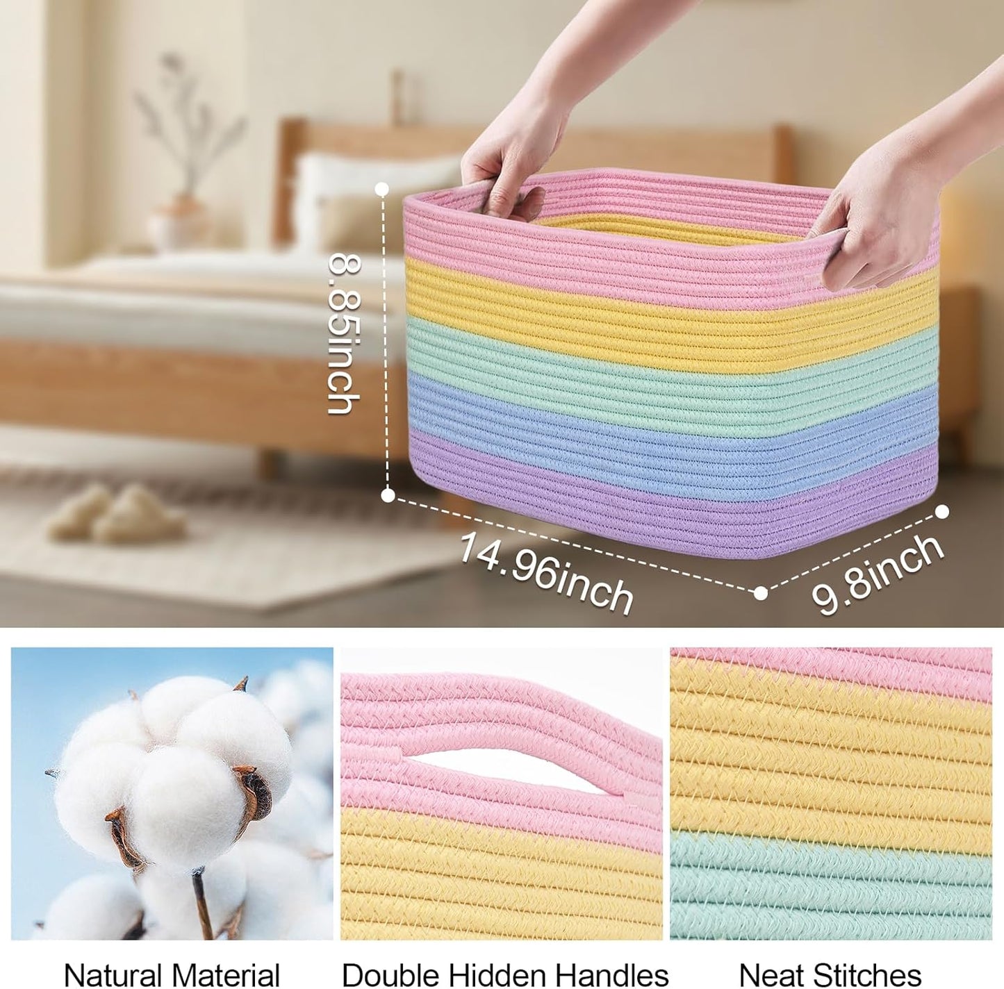 Shelf Baskets for Organizing, Woven Storage Basket for Shelves๏ผCotton Rope Storage Bins for Toys Books, Nursery Towel Baskets for Classroom, 14.96"X9.8"X8.85", 3-Pack Pastel Rainbow