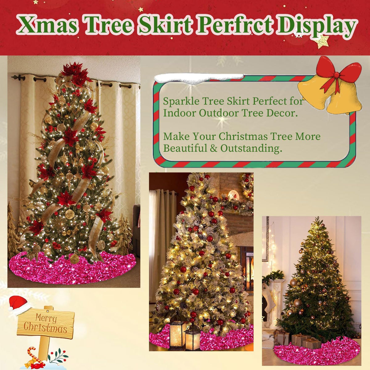 MODFUNS Glitter Tree Skirt 36 Inch Velvet Xmas Tree Skirts Hot Pink Sequin Christmas Tree Skirt Thick Sparkly Tree Skirting Cover for Xmas Tree Skirts Merry Christmas Home Glittering Tree Mat