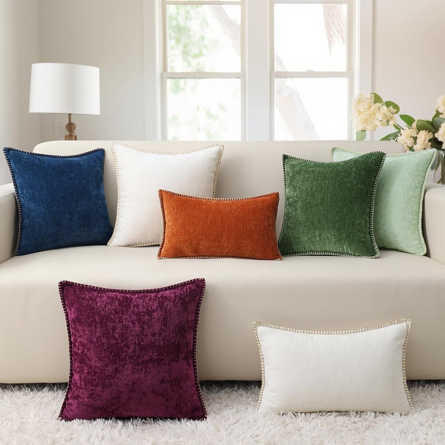 decorUhome Chenille Soft Throw Pillow Covers 18x18 Set of 2, Farmhouse Velvet Neutral Decorative Euro Pillow Covers with Stitched Edge for Couch Sofa Bed Home Decor, Poseidon