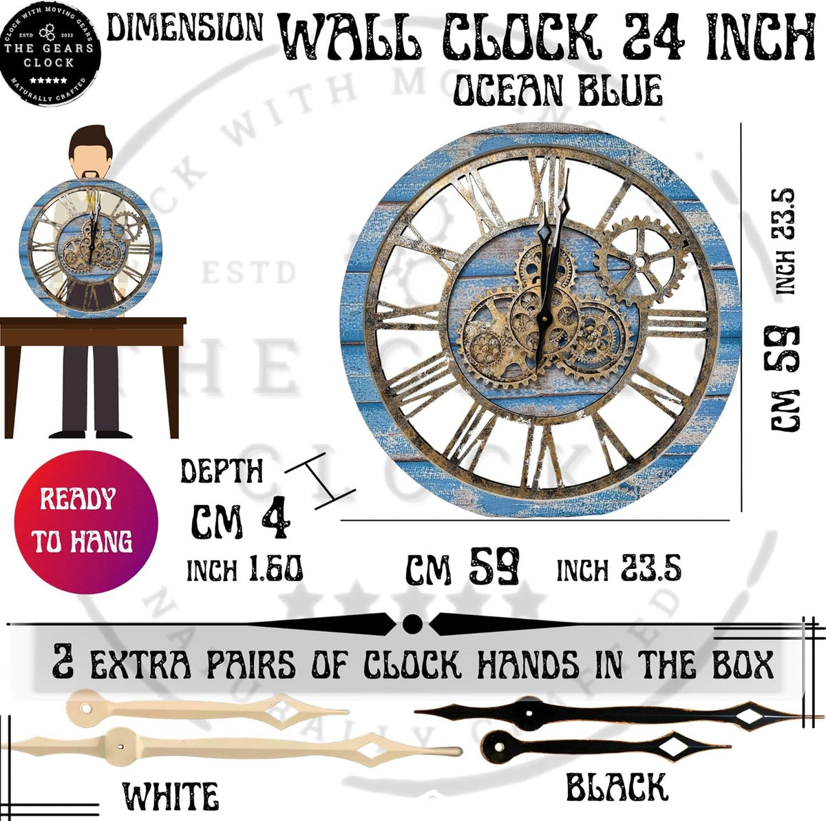 The Gears Clock The Original Real Moving Gear Wall Clock Vintage Industrial Oversized Rustic Farmhouse (24 inch (60cm), Vintage Ocean Blue and Bronze)