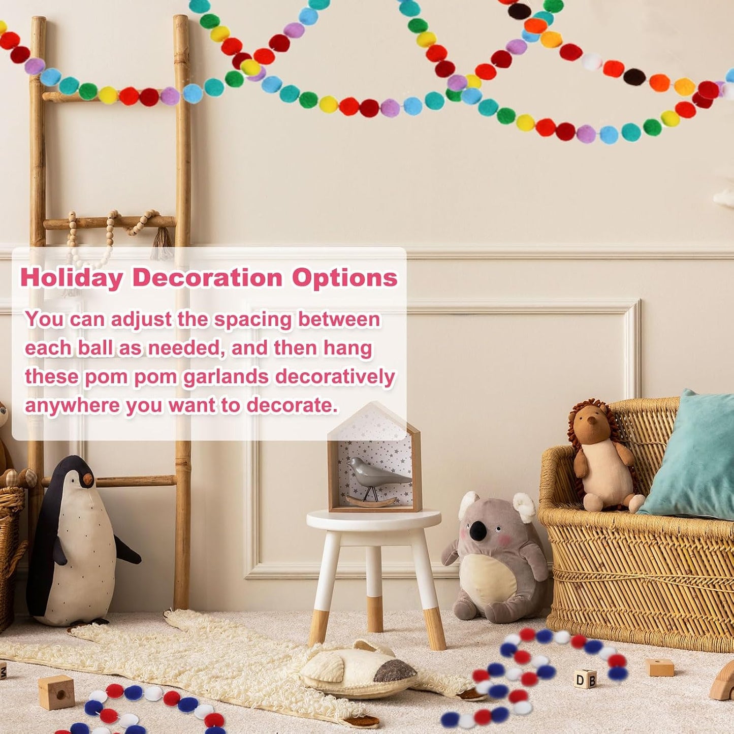 PATIKIL 13Ft Pom Pom Garland Decorations, 2Pcs Colorful Felt Ball Garland Banner Cute Rainbow Pompom Hanging Decorations for Tree Ornaments Homes Decor, Pink/White/Rose Red