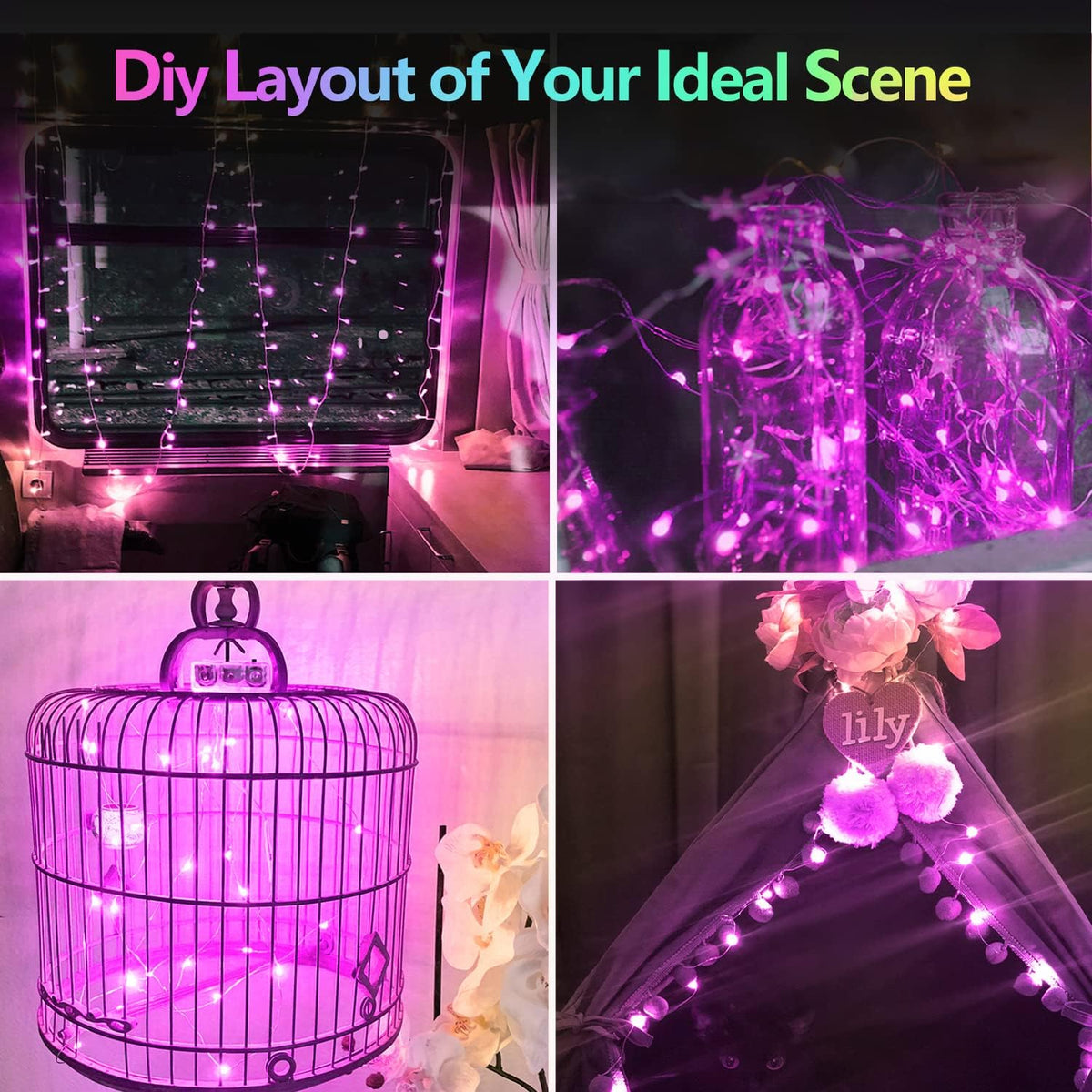 4 Pack 20FT 60LED Halloween Battery Operated Fairy Lights with Timer, Waterproof Battery String Lights Outdoor Indoor, Battery Twinkle Lights for Bedroom Wedding Birthday Party Halloween (Purple)