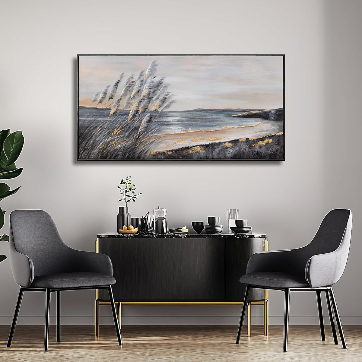 Yuaxker Large Ocean Wall Art Black and Gold Wall Decor Framed Hanging Canvas Painting Modern Aesthetic Artwork for Living Room Bedroom Dining Room Office Home Decor 30x60 Inch