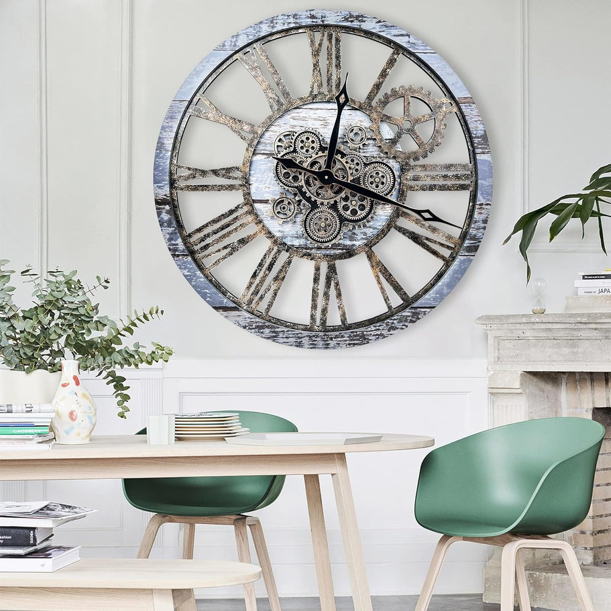 The B-Style Large Wall Clock 24 inch Moving Gear Wall Clock Oversized Vintage Farmhouse Wall Clocks for Living Room Decor Rustic Industrial Wood Clock (Aqua Green, 36 inch/90cm)