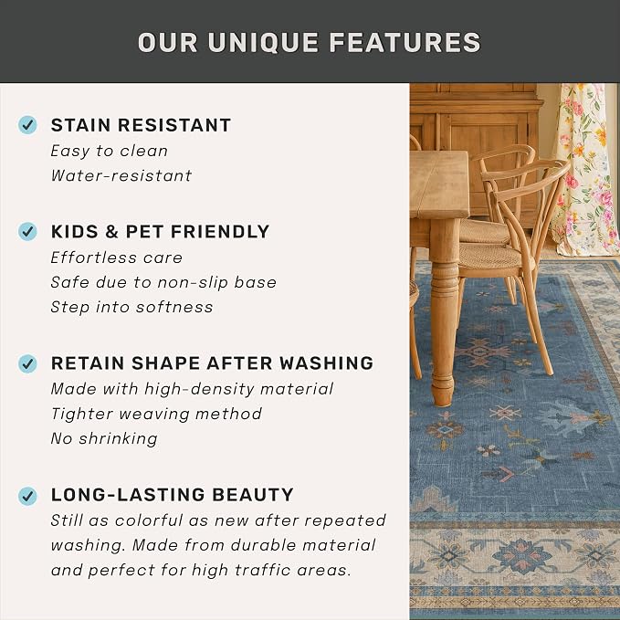 5x8 Rug for Living Room, Boho Eclectic Area Rugs Blue Modern Low-Pile Carpet - Image 7