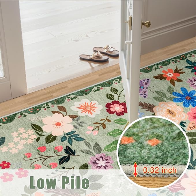 PLHXFR 2.6x8 Washable Runner Rug:Floral Indoor Kitchen Soft Carpet Green | - Image 9