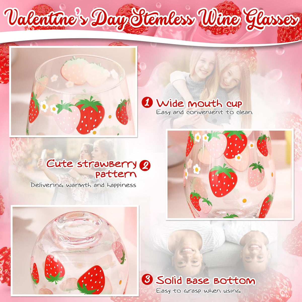 Sliner 2 Pack 17oz Strawberry Stemless Wine Glasses for Women Strawberry Cups Colorful Conversation Drinking Glass for Mother's Day Gift Birthday Party Supplies Graduation Gifts Theme Events