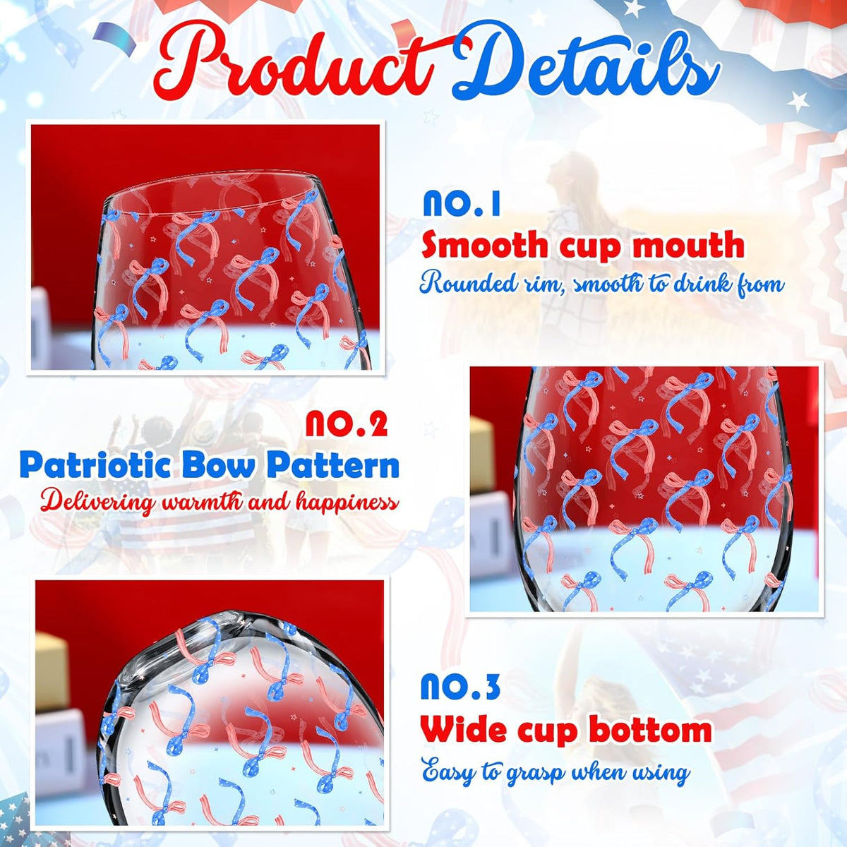 Sliner 2 Pack Patriotic Stemless Wine Glasses 17oz Red Blue Bow Drinking Glasses Independence Day Tumbler Cups for 4th of July Party Supplies Memorial Day Gift Decorations