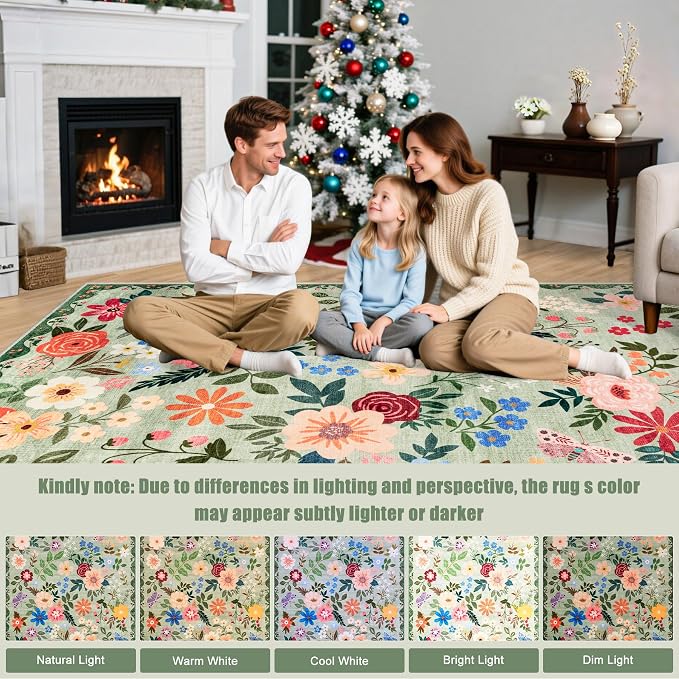 PLHXFR 2.6x14 Washable Runner Rug:Floral Indoor Kitchen Soft Carpet Green | - Image 9