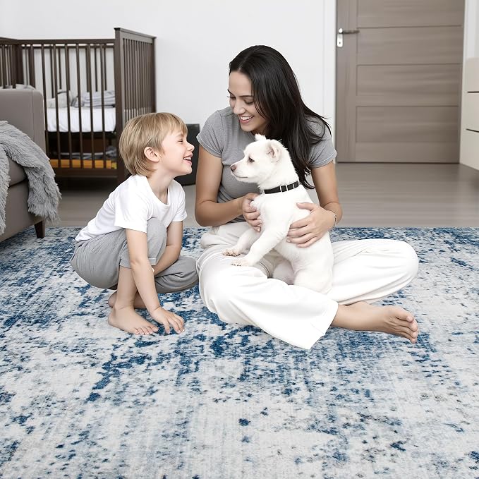 2.6x14 Washable Runner Rug:Modern Abstract Indoor Soft Carpet Blue | - Image 8