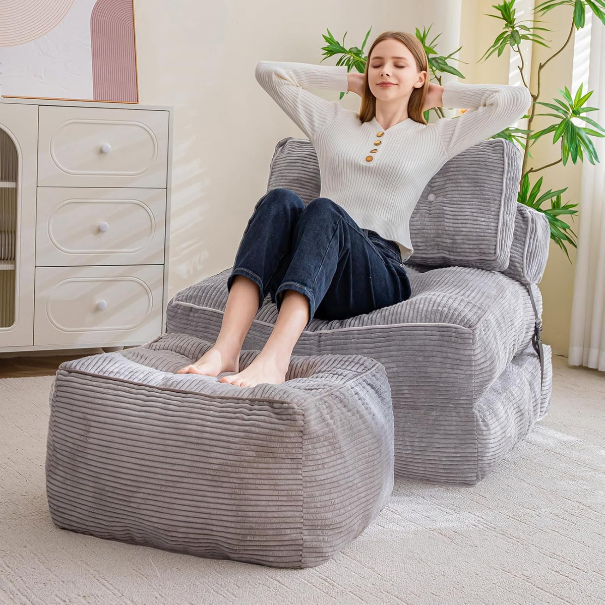 HIGOGOGO Square Stuffed Pouf Ottoman, Corduroy Poufs with Foam Chunk Filling, Furry and Fluffy Pouf Foot Stool Storage Ottoman, 25.6 X 25.6 Floor Poufs Foot Rest for Living Room, Grey