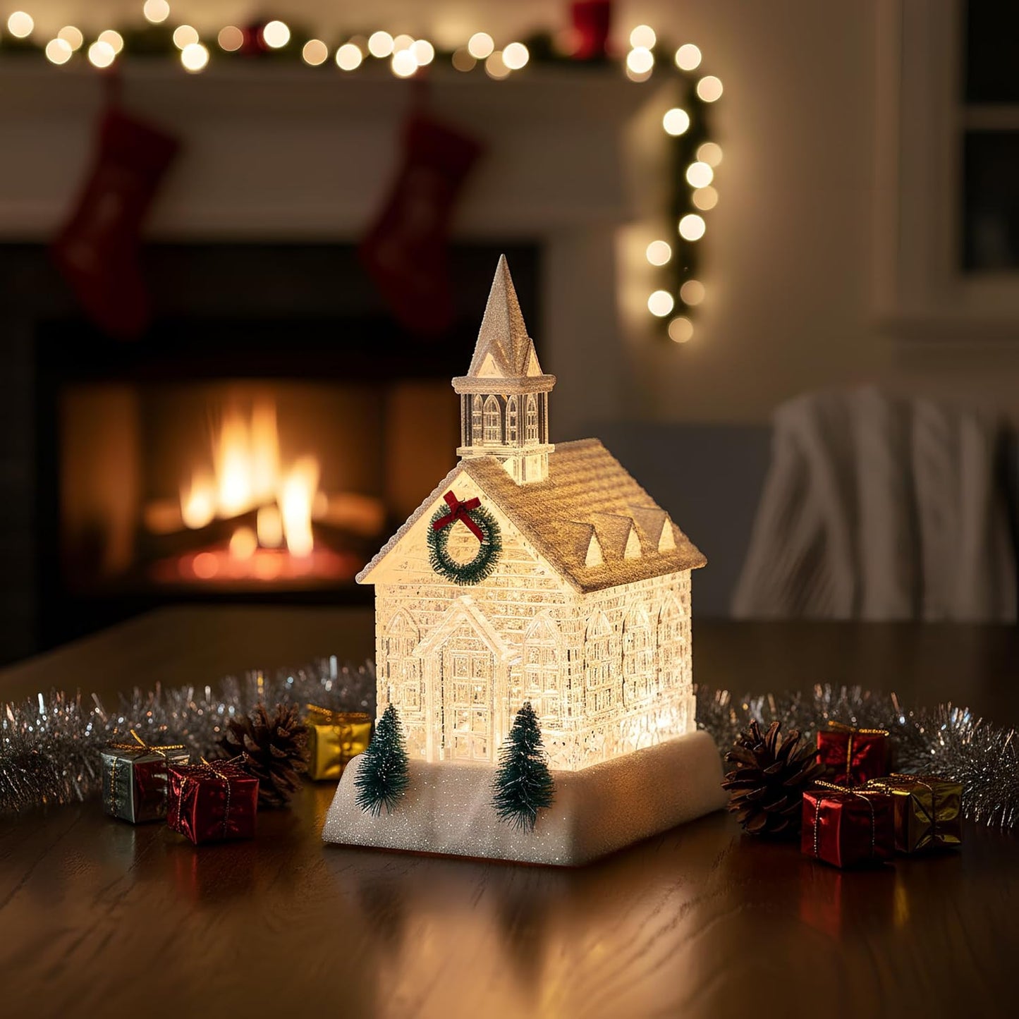Christmas Lighted Church Water Lantern Snow Globe with Evergreens and Wreath๏ผ USB Lined/Battery Operated Lighted Lantern for Christmas Festival Decoration Gifts