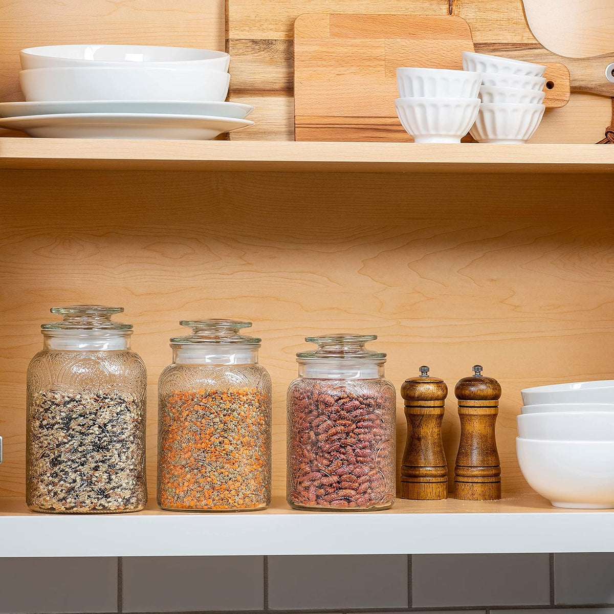Le'raze Food Storage Containers with Airtight Lids - Retro Design - Pantry Organization, Glass Canisters Storage for Cookies, Tea, Sugar, Candy Jars, Sugar Packet, Set of 3