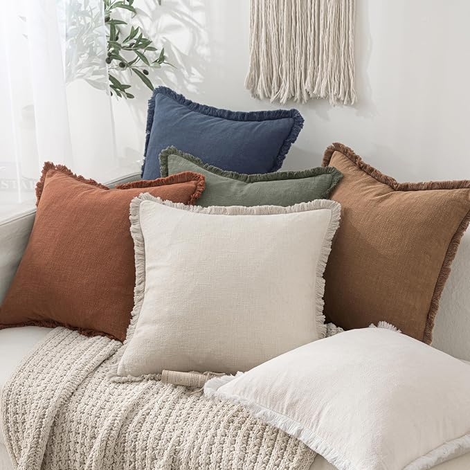 MIULEE Linen Fringe Decorative Fall Euro Throw Pillow Covers Brown 22x22 | Set - Image 7