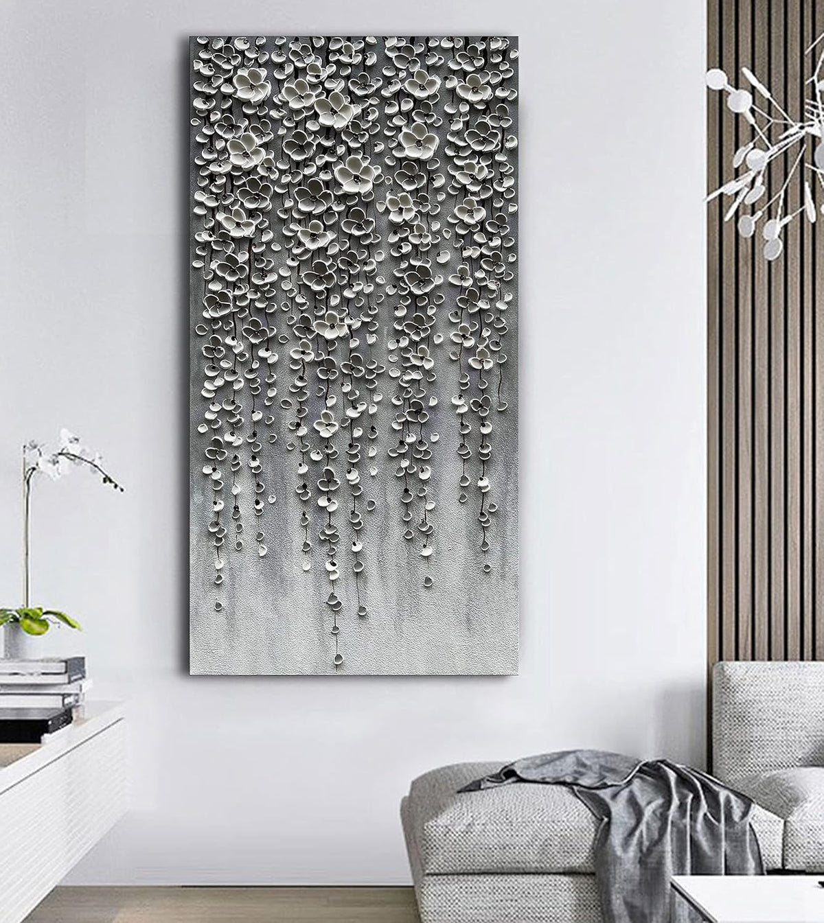 Epicler Modern Art Oil Painting,46x23 inches White Flower Wall Art Painting, Abstract Canvas Wall Art for Home Wall Decoration