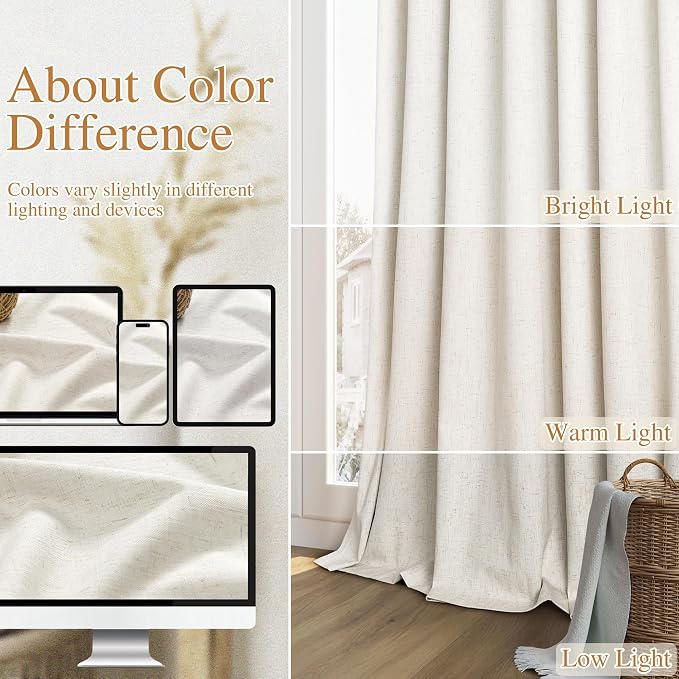 100% Blackout Linen Curtains for Bedroom 66 Inches Long Natural Cream Black Out - Image 7