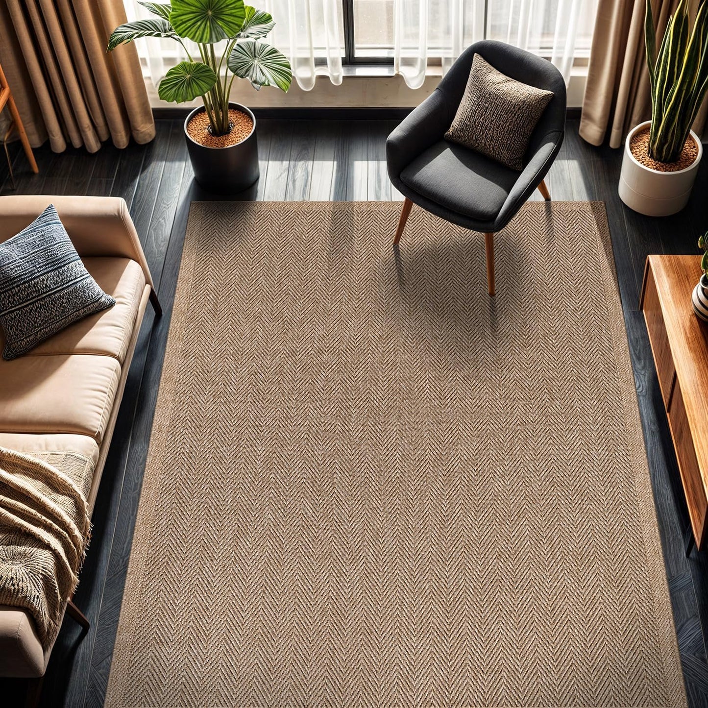 CAMILSON Easy Jute Rug 4x6, Indoor Outdoor Natural Color Fiber Area Rugs for Living Room Patio and Kitchen Rug Herringbone Seagrass Woven Design Easy-Cleaning Washable Outside Carpet Alfombras 4 x 6