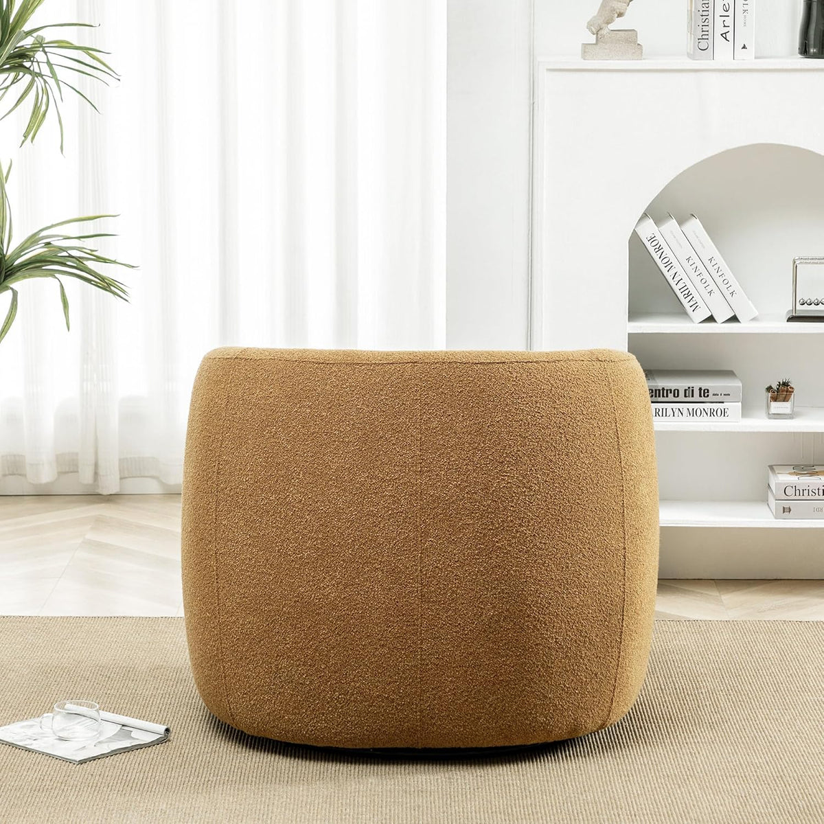 KINWELL 34" Wide Boucle Swivel Barrel Chair, No Assembly Round Upholstered Armchair Accent Chair Single Sofa Chair with Toss Pillow for Living Room and Bedroom, Brown