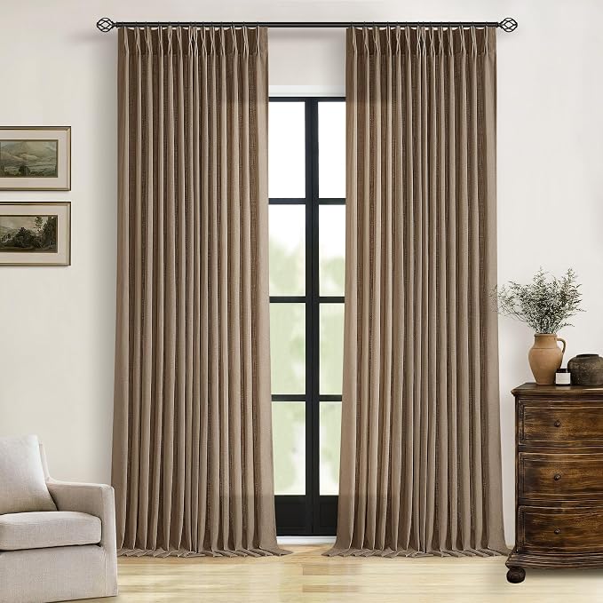 Dark Brown Linen Semi Sheer Pinch Pleated Curtains 108 Inches Long 2 Panels | - Image 9