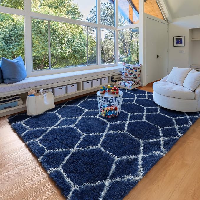 6x9 Area Rugs for Living Room Bedroom, Fluffy Navy and White Geometric Rug | - Image 9