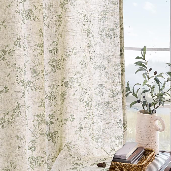 Green Vintage Floral Linen Curtains Farmhouse 50W X 96L 2 Panels | Elisa Series - Image 8