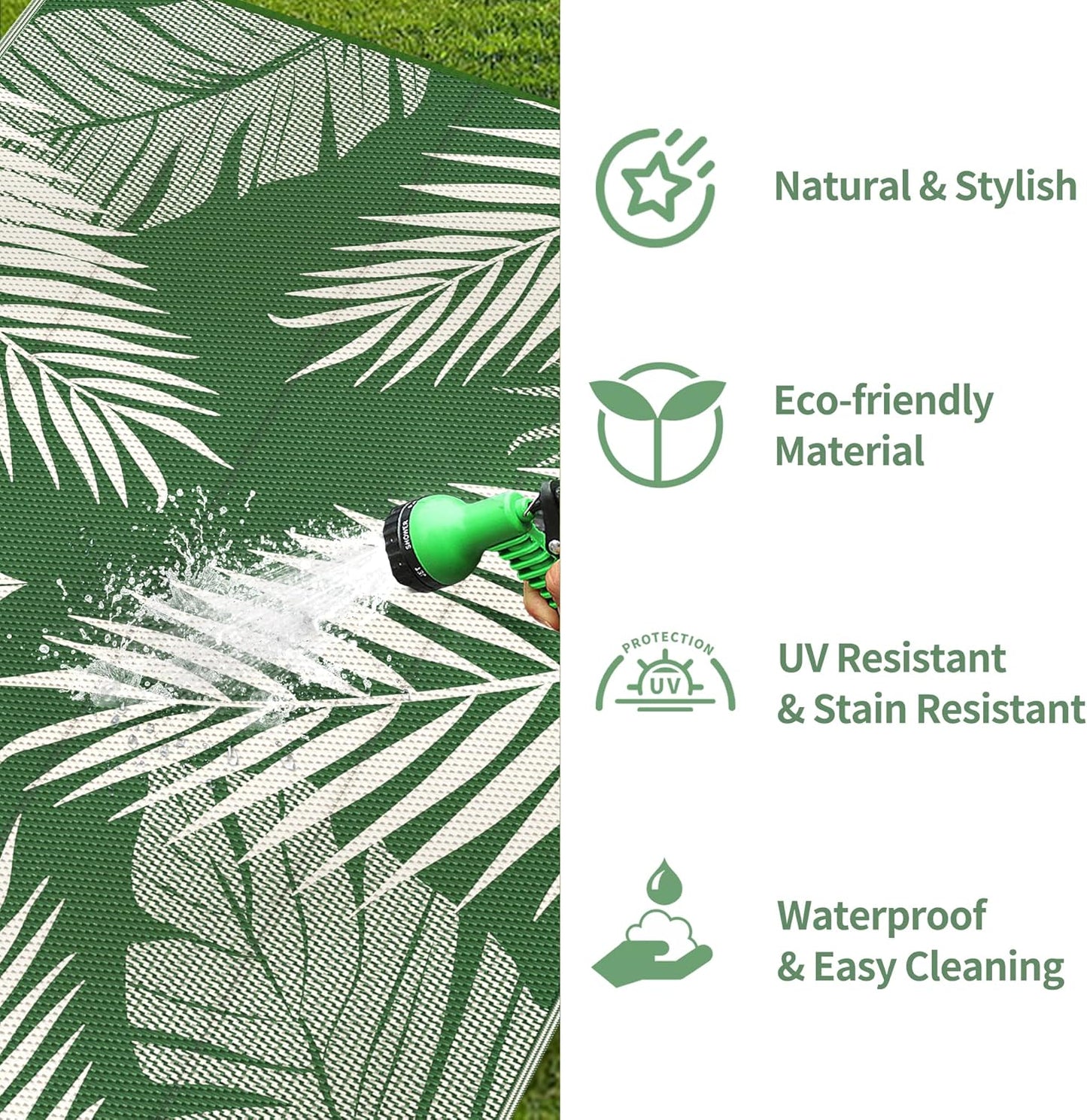 GENIMO Outdoor Rug 8' x 10' Waterproof for Patios Clearance, Reversible Outdoor Plastic Straw Camping Rug Carpet, Large Area Rugs Mats for RV, Picnic, Backyard, Deck, Balcony, Porch, Dark Green&White