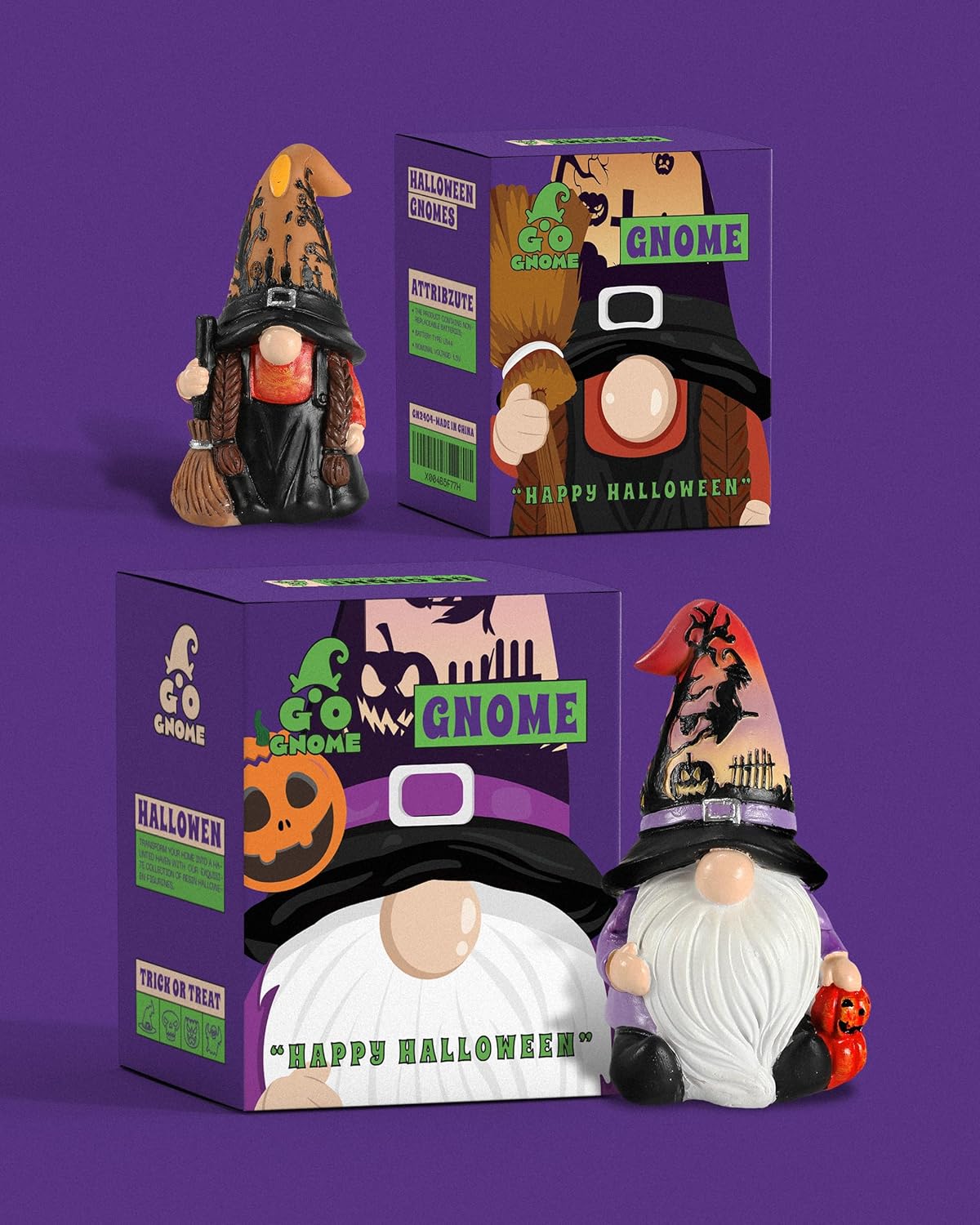 Halloween Gnomes and Witch Figurines - 2Pack Lights Up Fall Gnome Ornaments - 4.5'' Resin Indoor Halloween Decor for Women (Gnomes)