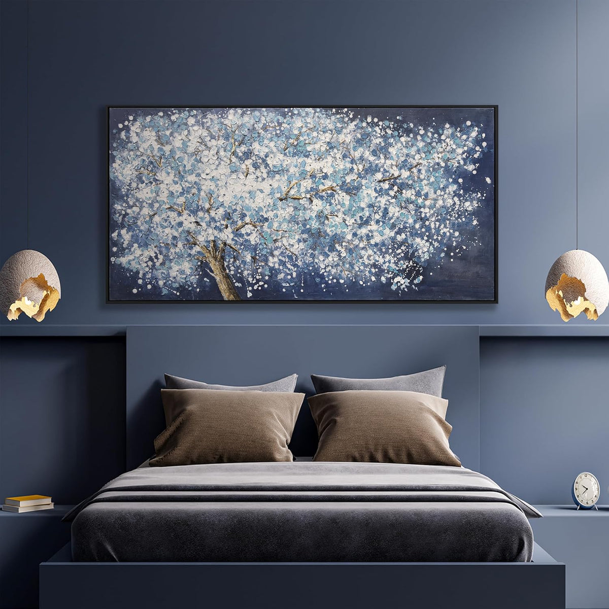 Wall Art Canvas Oil Painting Dark Blue And White Abstract Tree Plants Wall Decor Pictures Framed For Bedroom Canvas Wall Decorations Artwork For Living Room Dinning Room Home Office 20 X 40 Inch