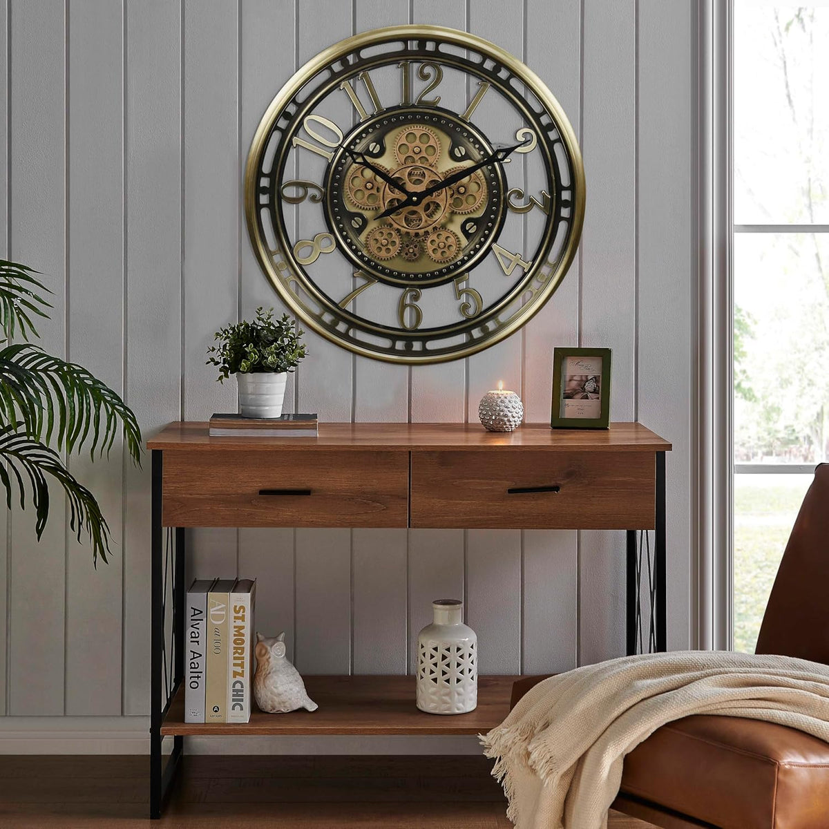 CLXEAST 21 Inch Industrial Moving Gears Wall Clock,Modern Farmhouse Arabic Numeral Battery Operated Silent Wall Clock for Living Room Decor,Brushed Gold,House Warming Gifts New Home