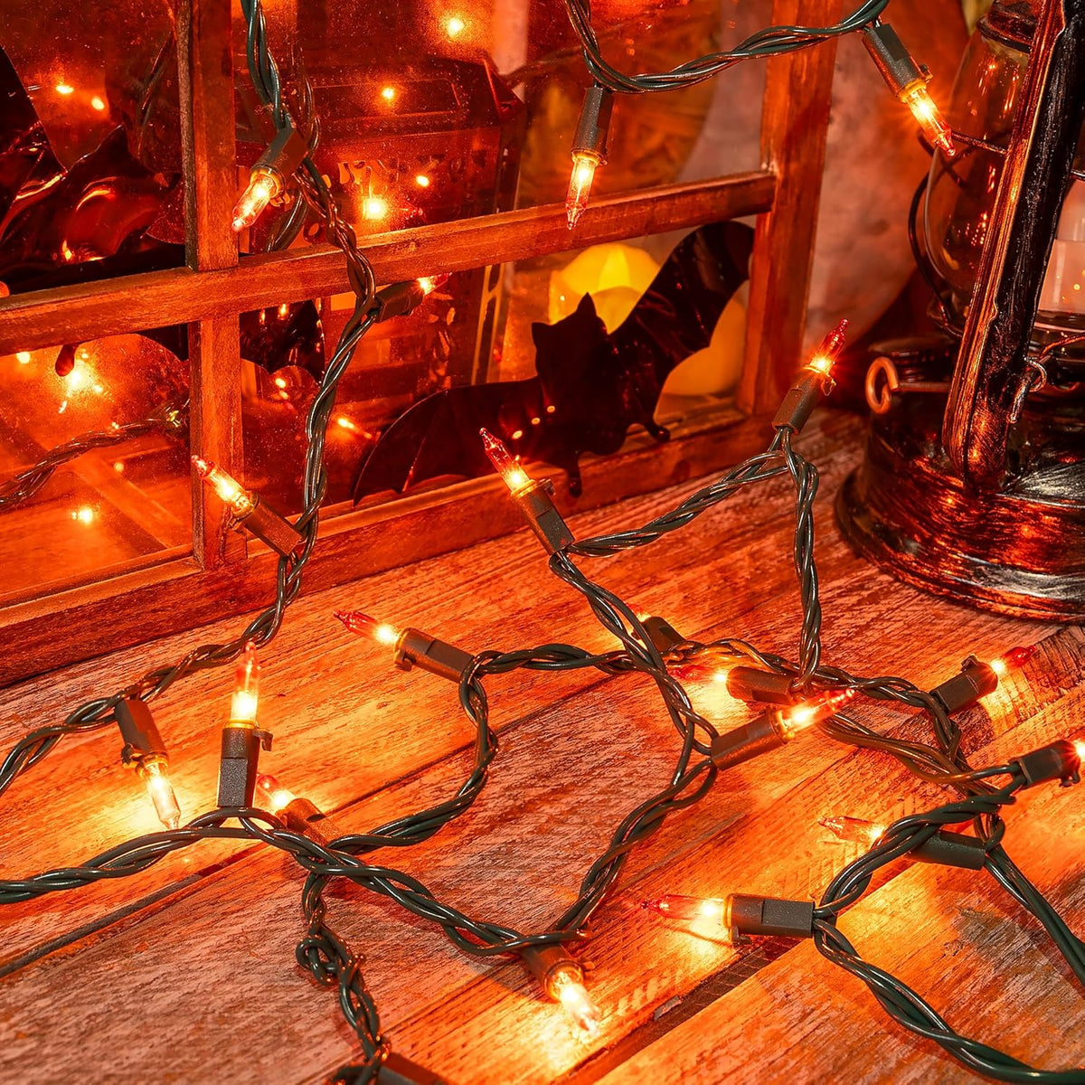 Orange Halloween Tree Lights with Green Wire,13ft 50 Incandescent Bulb Waterproof Fairy Lights๏ผPlug in Mini String Lights for Christmas, Patio, Holiday, Party, Home, Indoor Outdoor Decor