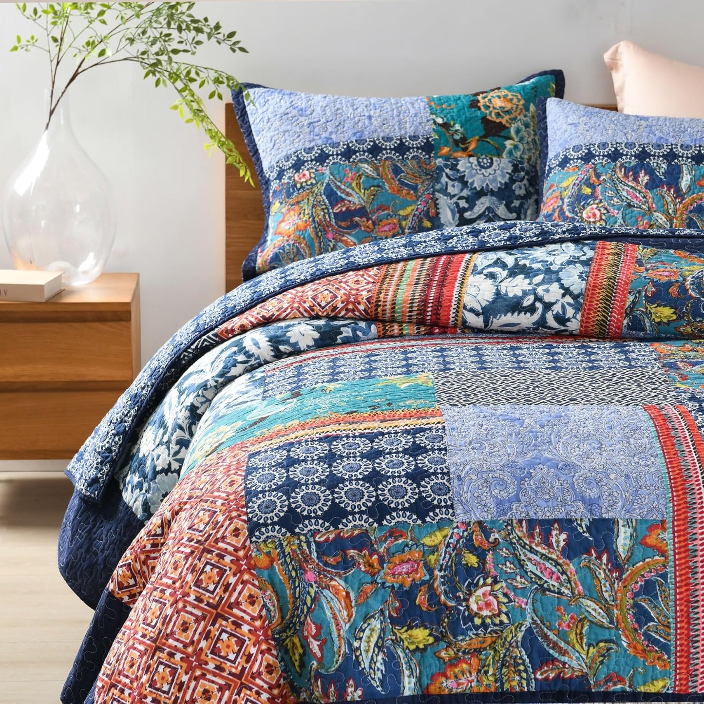 Secgo California King Quilt Size - 100% Cotton Oversized California Comforter Set Bedding Sets (120 * 110 Inch) with 2 Pillow Shams, Patchwork Reversible Lightweight Bedspread
