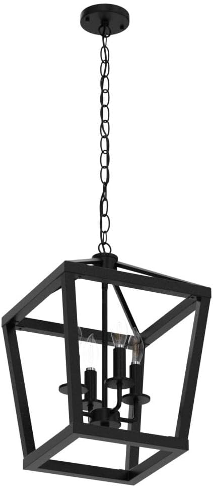 BrightHome Farmhouse Chandelier 4-Light, Black Pendant Light Fixture Ceiling Hanging for Kitchen Island Dining Room, Lantern Industrial Lighting with Metal Cage Adjustable Height for Entryway Foyer
