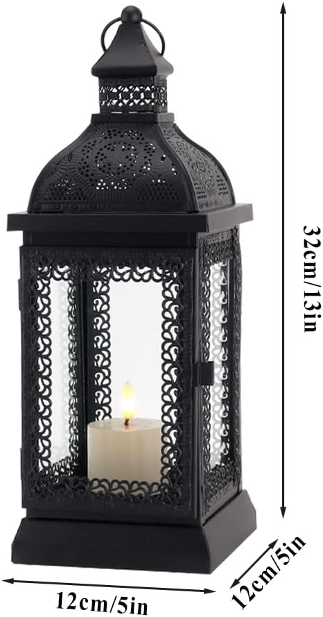 TRIROCKS Rustic Style Metal Candle Lantern 13'' High Decorative Outdoor Lantern Candle Holder with Tempered Glass for Christmas Living Room Garden Patio Parties Indoors Outdoors (Black)