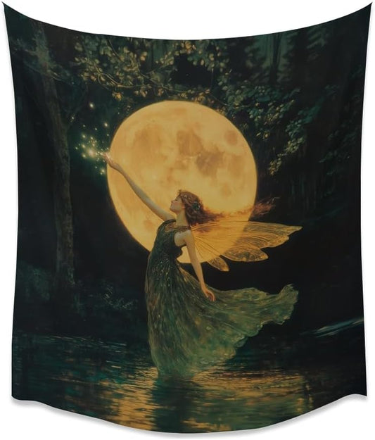 Whimsical Fairy Tapestry Fantasy Moonlight Fae Goddess Print Moody Gothic Aesthetic Wall Hanging Magical Forest Pictures Dark Cottage Witchy Tapestries for Girls Room Bedroom 40x60inch