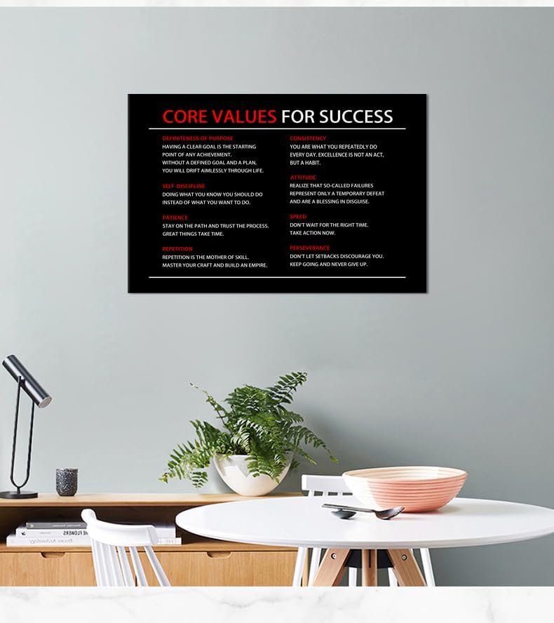 Inspirational Canvas Poster Core Values for Success Wall Art Painting Artwork Motivational Picture Print Wall Decor for Office Home Living Room Bedroom Wooden Framed Ready to Hang [12''Wx 18''H]