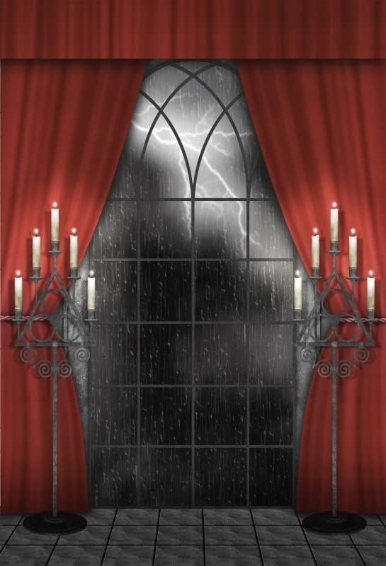 Renaiss 5x7ft Vintage Gothic Window Backdrop Red Curtain Candlestick Black Floor Lightning Stormy Sky Vampire Medieval Castle Photography Background Halloween Dress Up Party Decors Photo Booth Props