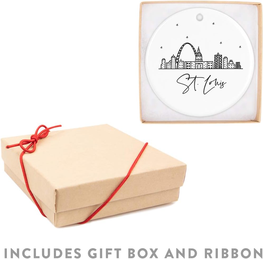Andaz Press Round Ceramic Porcelain Christmas Tree Ornament, St. Louis, Black and White Stars City Skyline, 1-Pack, Birthday Ideas Coworker, Includes Box St Louis Ornament St Louis Christmas Ornament