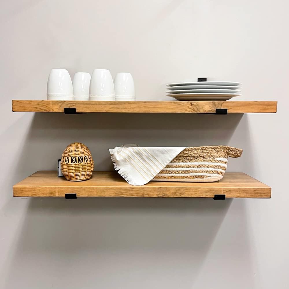 Rustic Shelves with J-Brackets Set of 2, Industrial Shelf, Kitchen Shelves, Solid Wood, Decorative Wall Storage, Heavy Duty, URBANDI (Brown, 36Wx10D)