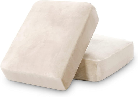PrinceDeco Velvet Couch Cushion Cover Stretch Sofa Seat Covers Washable Cushion Slipcover for Chair Love Seat Sofa Cushion Furniture Protector Seat Cushion Sofa Cover (Each Width Up to 29.5", Ivory)