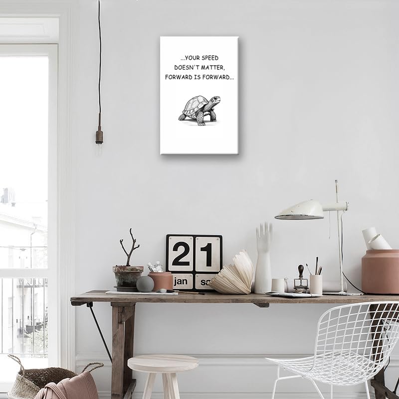 WYJDFART Turtle Motivational Quote ‘SPEED DOESN'T MATTER, FORWARD IS FORWARD...’ inspirational Wall Art Printed Modern Artwork For Office School Home Decor Framed Ready to Hang [12" W X 18" H]