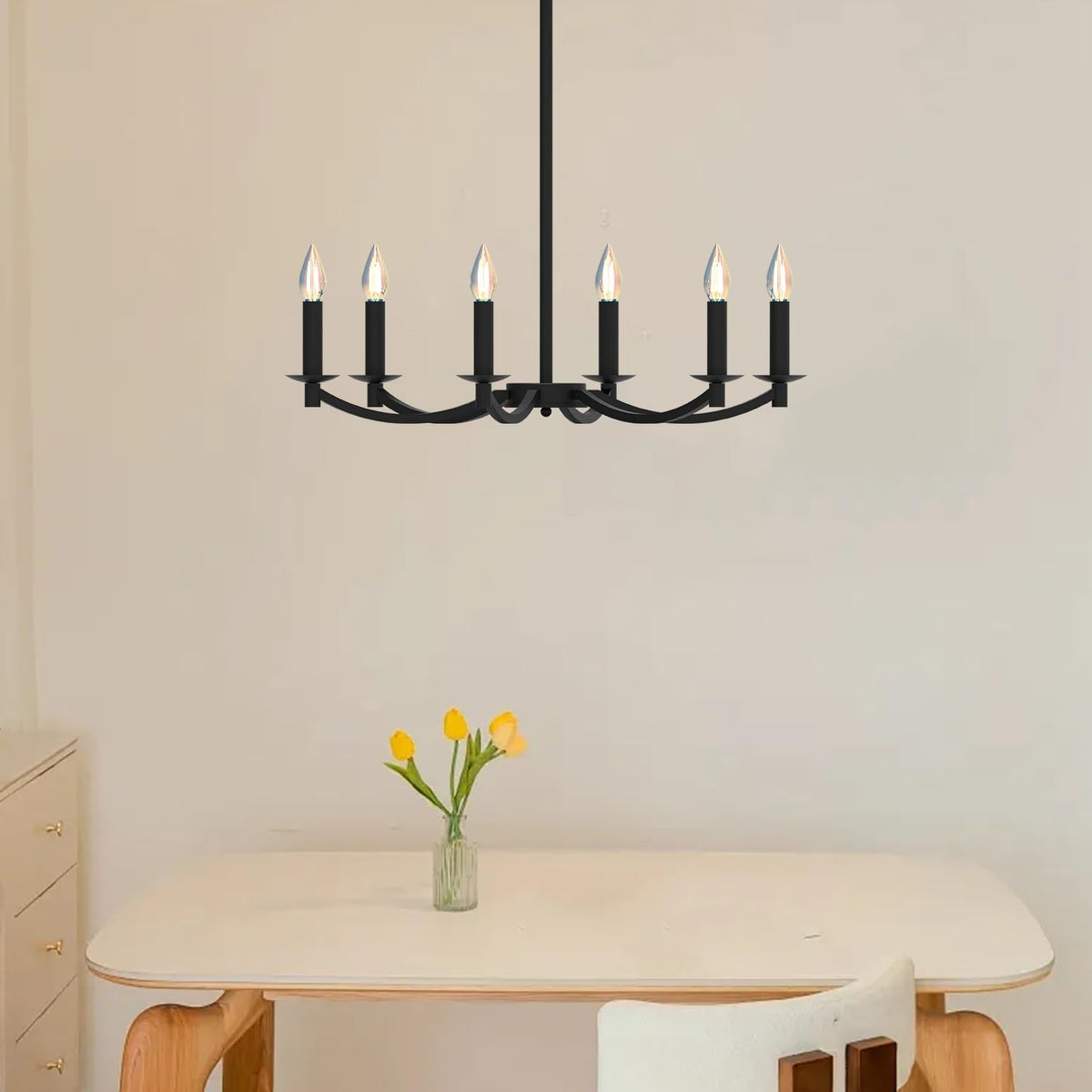 Modern Black Chandelier, Round LED Ceiling Hanging Lamp, Farmhouse Candle Pendant Light Fixtures for Bedroom Living Room Dining Room Kitchen Island (Black-A 6Lights)