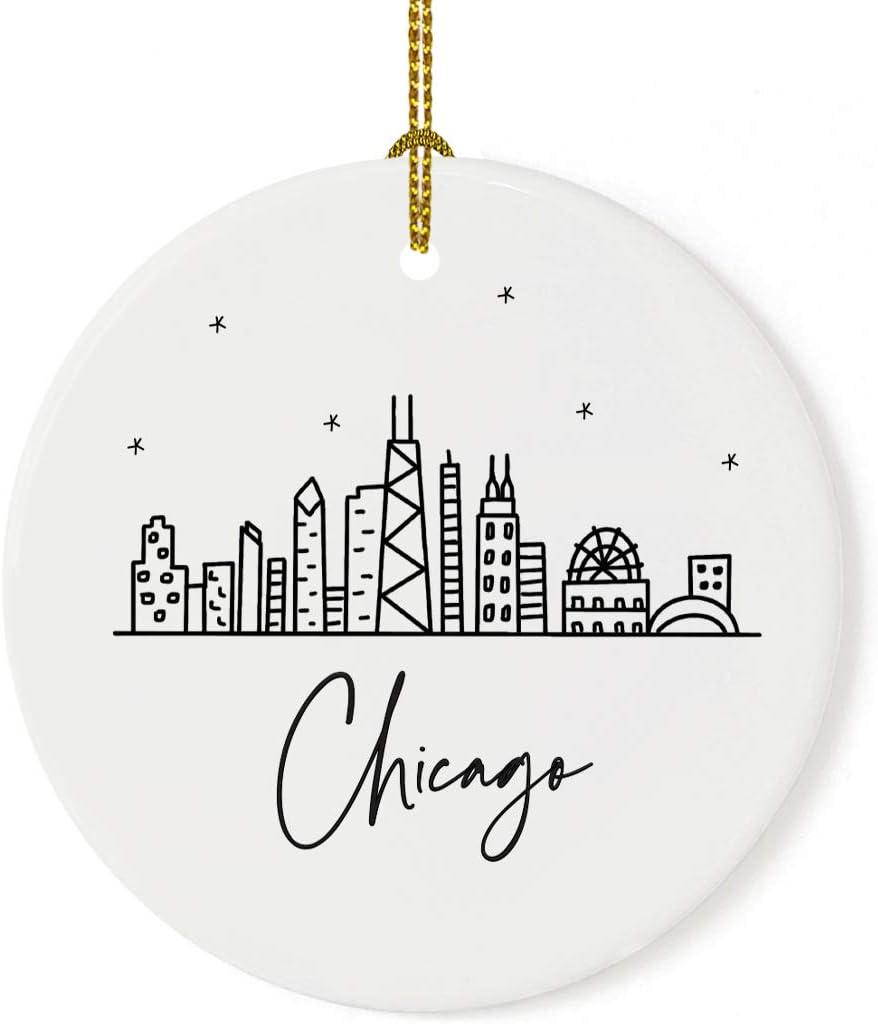 Andaz Press Round Ceramic Porcelain Christmas Tree Ornament Keepsake, Chicago Black and White Stars City Skyline Graphic, 1-Pack, Birthday Gift Idea for Family, Coworker, Him, Her, Includes Gift Box