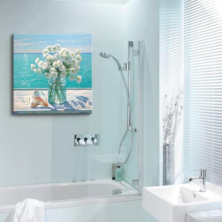 Bathroom Decor Ocean Daisy Flower Canvas Wall Art Coastal Nautical Seashell Seascape Framed Picture Ocean Theme Seascape Painting Artwork for Bedroom Home Decoration Square Blue 14x14"