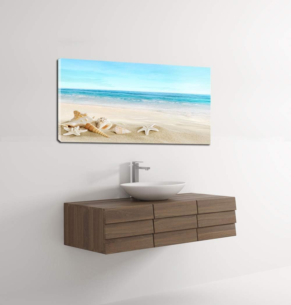 DZL Art S73950 Beach Picture Decor Ocean Painting Canvas Wall Art Prints of Starfish and Seashell on Sandy Seaside Ready to Hang for Living Room Bedroom Office Wall Decor Home Decoration