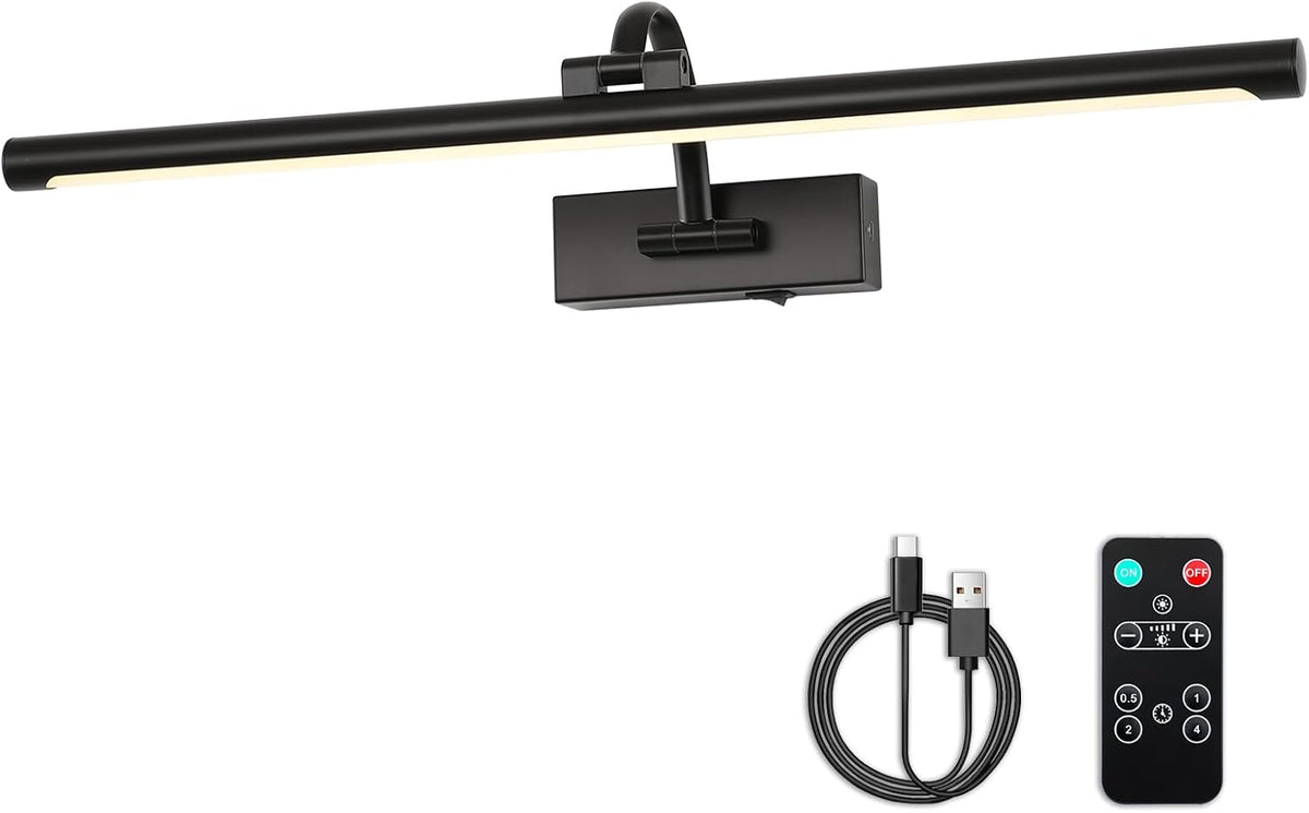 Dimmable Black Picture Lights with Remote and Timer Wireless Art Lights Rechargeable Gallery Lighting for Canvas Portrait 24'' Inch 5W Warm White