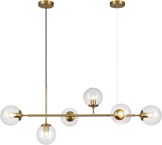 KCO Lighting 6 Light Bubble Chandelier Lighting Clear Glass Globe Chandelier Brass Gold Linear Pendant Light Mid Century Modern Pendant Light for Living Room Kitchen Island Dining Room