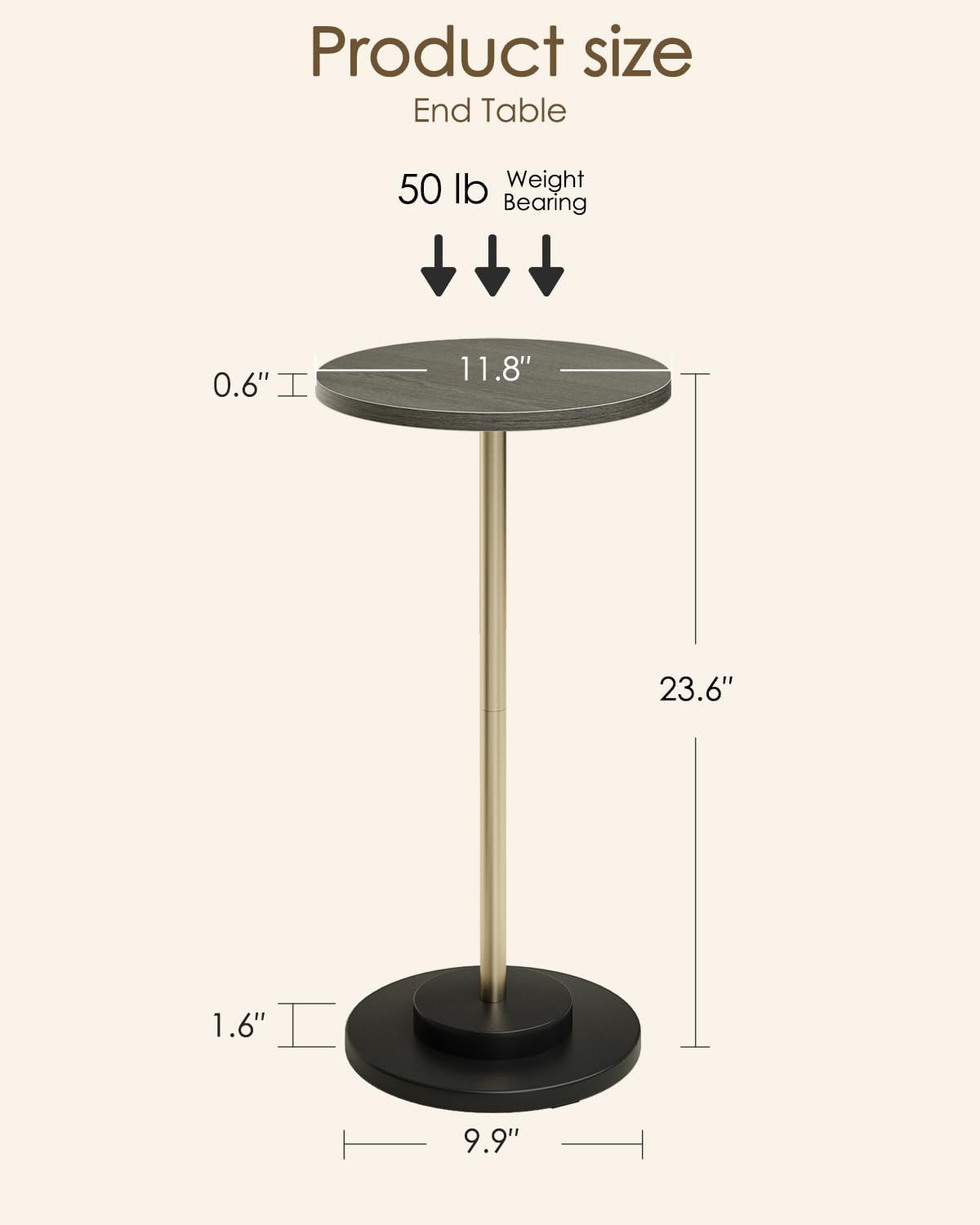 Masupu Drink Table, Round Side Table for Small Spaces, Pedestal Side Table, Small End Table with Metal Base, for Living Room, Bedroom, Bathroom, Grey