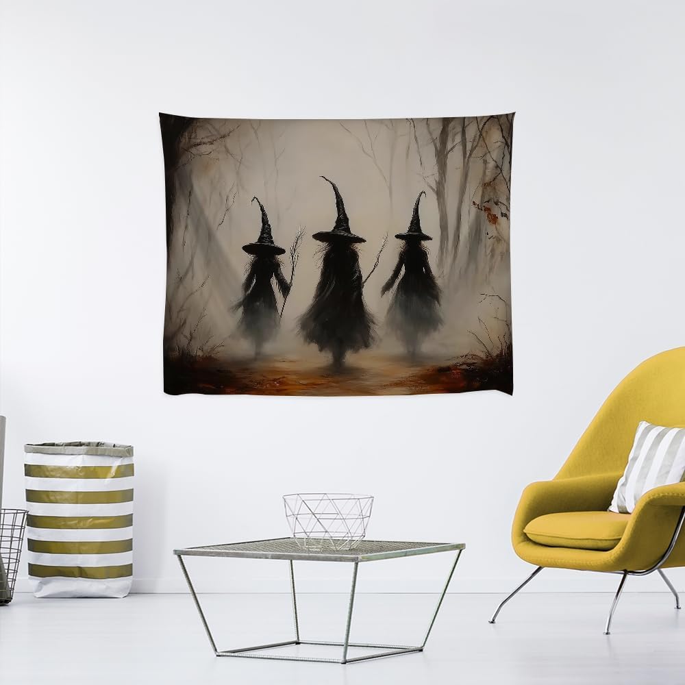 Witchy Halloween Tapestry Wall Hanging Vintage Spooky Witch Room Print Dark Academia Autumn Forest Three Witches Tapestries Decor for Halloween Living Room Bedroom Decoration 50x60inch