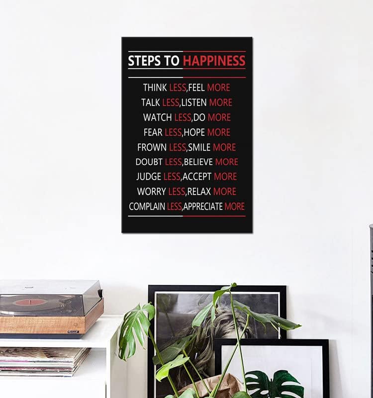 Motivational Steps For Happiness Wall Art for Office Inspiring Positive Poster Inspirational Affirmative Canvas Painting Prints Wall Pictures for Living Room Home Decor Framed Artwork [12''W x 18''H]