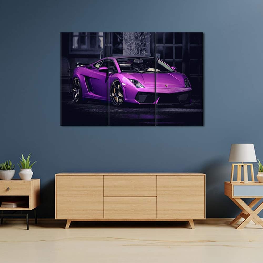 3 Panel Modern Framed Landscape Artwork Giclee Canvas Prints Pictures Paintings on Canvas Wall art for Living Room Bedroom Home Office Decorations,Purple Sports car Poster - 12 x 24 inch x 3 Pieces